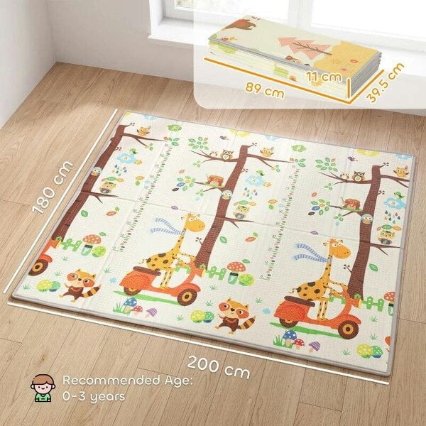 Foldable Reversible Baby Play Mat 200 x 180 cm, Waterproof, Non-Slip for Crawling and Learning, Tree & Forest Theme