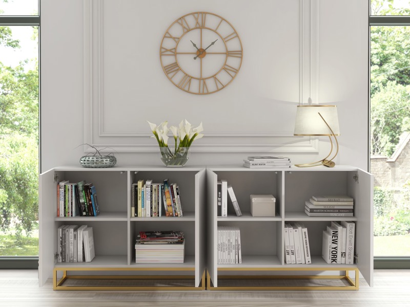 Mex Furniture Sophisticated White Sideboard with Fluted Fronts & Gold Legs – 200cm Storage Unit