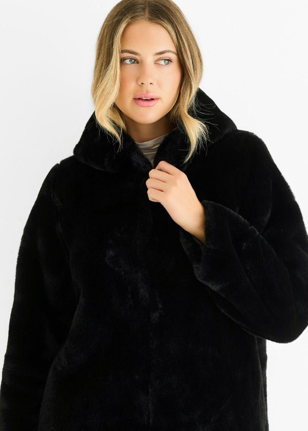 Gini London Black Hooded Long Sleeve Faux Fur Jacket