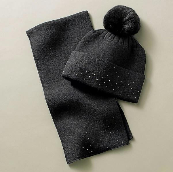 Pia Black Knit Tippet Scarf, Silver-Tone Embellished Winter