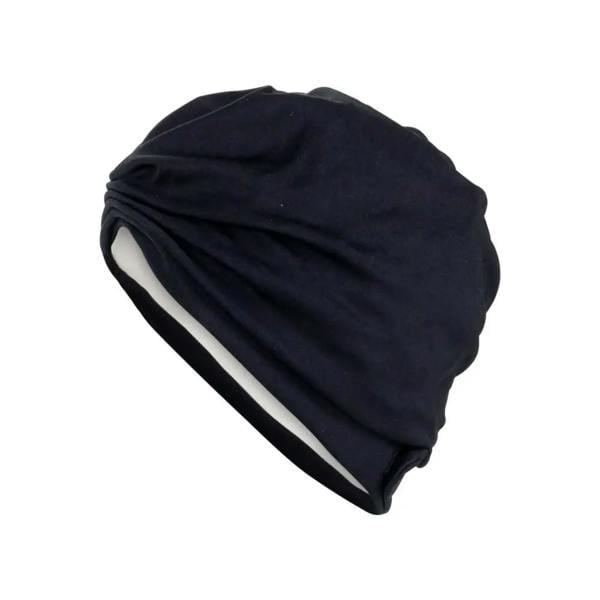 Navy blue Fashy Turban fabric swim cap with white trim and mesh back