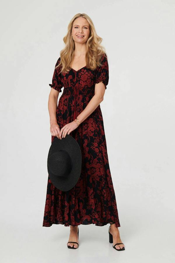 Black | Baroque Print Puff Sleeve Maxi Dress