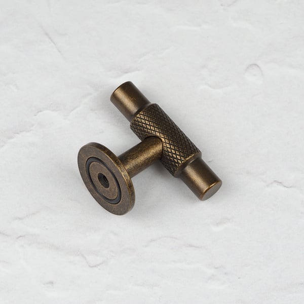 Handle & Home Rustic Antique Brass Knurled Cabinet Handle  Coordinating T-Bar Knob