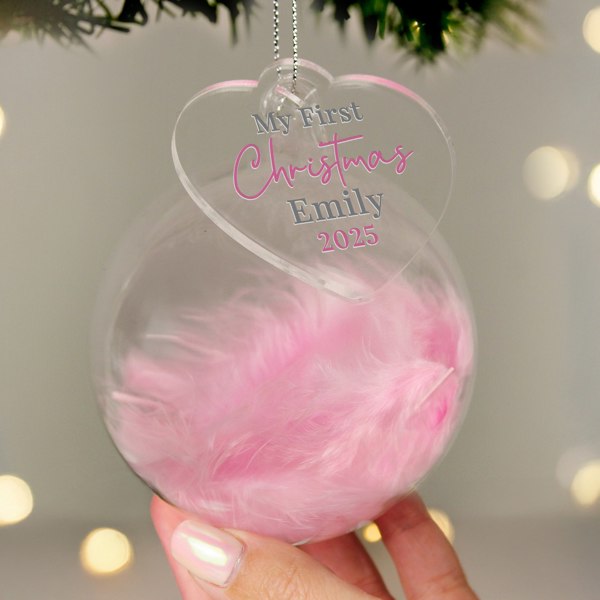 Personalised Memento Company Personalised My 1st Christmas Pink Feather Bauble