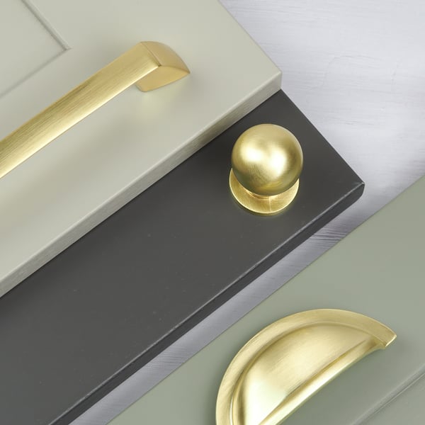 Handle & Home Brushed Brass Coordinating Tapered Handle, Cup Handle, and Coordinating Knob