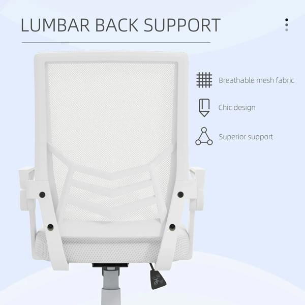 White mesh office chair with breathable back, padded seat, and flip-up armrests