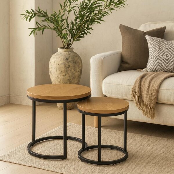 Wyld Haus Odense Wild Oak Effect Nesting Table Set Black Steel Legs