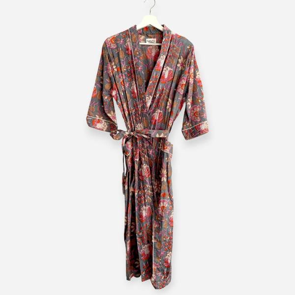 Hayley & Co Grey and Pink Block Print Flower Print 100% Cotton Dressing Gown