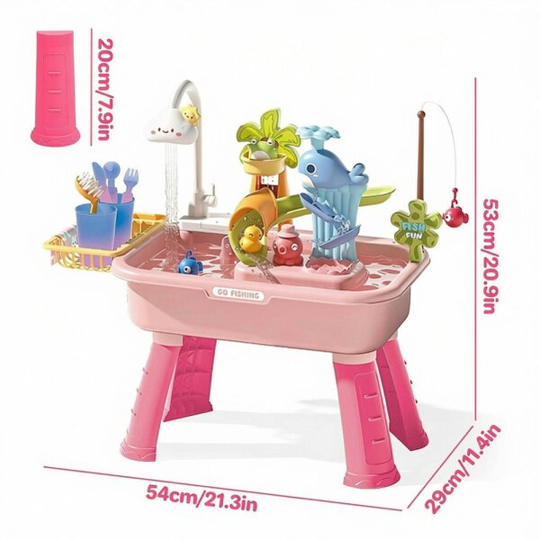 deAO Toys 2 in 1 Beach Table & Simulation Kitchen Sink Toy Set with Water Supply Function and Color-Changing Tableware - Pink