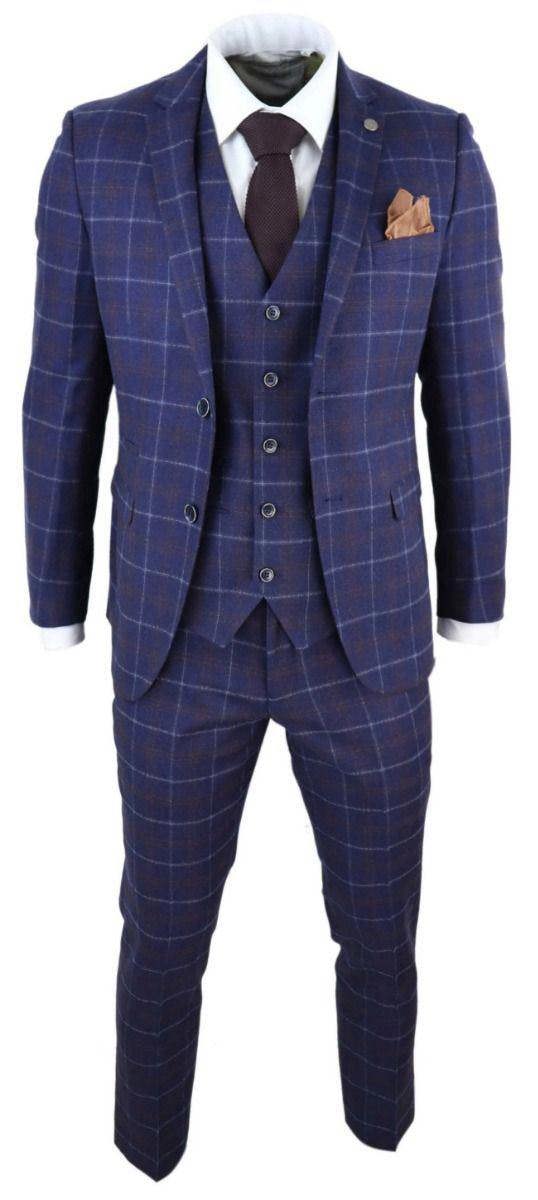 Paul Andrew Mens 3 Piece Navy Blue Wool Check Retro Suit