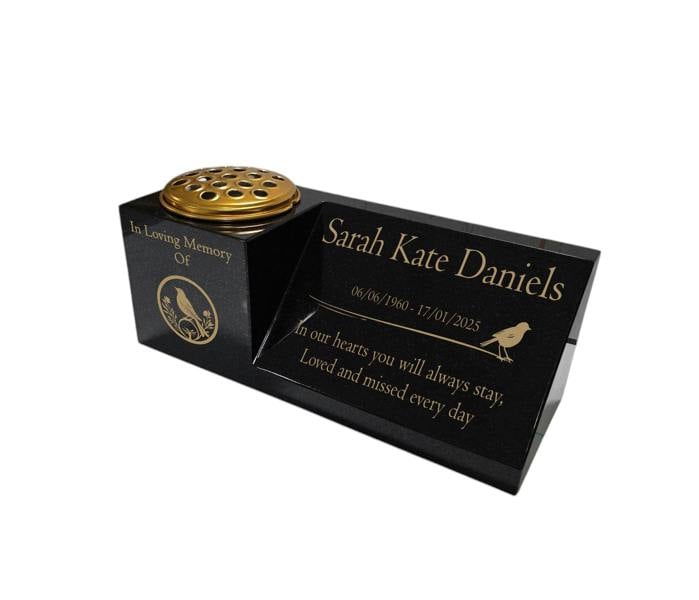 Memorials Direct Granite Memorial Vase and Plaque Combination – Robin Design, Solid Granite (16x6x6”) with Flower Pot Insert