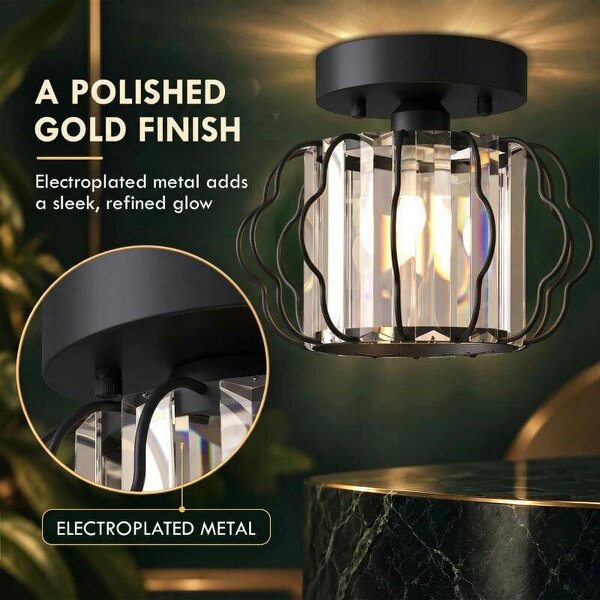Crystal Ceiling Light Fixtures, Modern Semi-Flush Ceiling Lighting with Crystal Strips, 2 Pack, Black