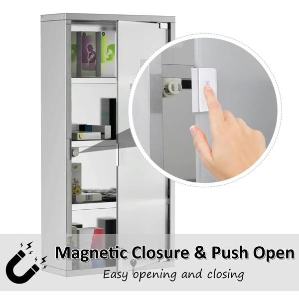 Stainless medicine cabinet door with frosted glass, push-open magnetic closure and lock