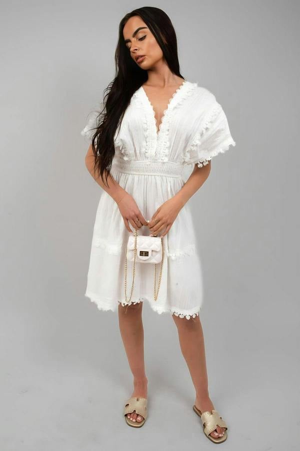 Serina Short Sleeve Deep V-neck Mini Dress With Open Back And Lace Trim - White