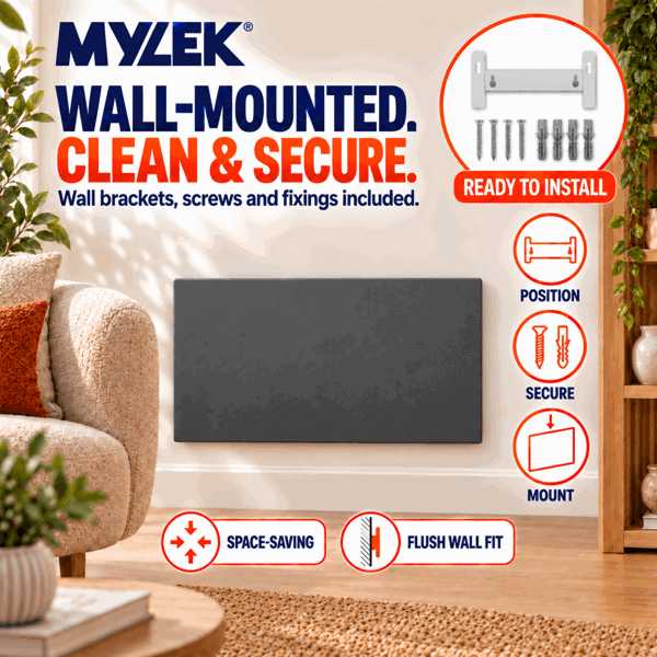 MYLEK Electric Radiator Panel Heater Grey WIFI Smart APP Eco 2000W Bathroom Safe Wall Mounted Timer Thermostat
