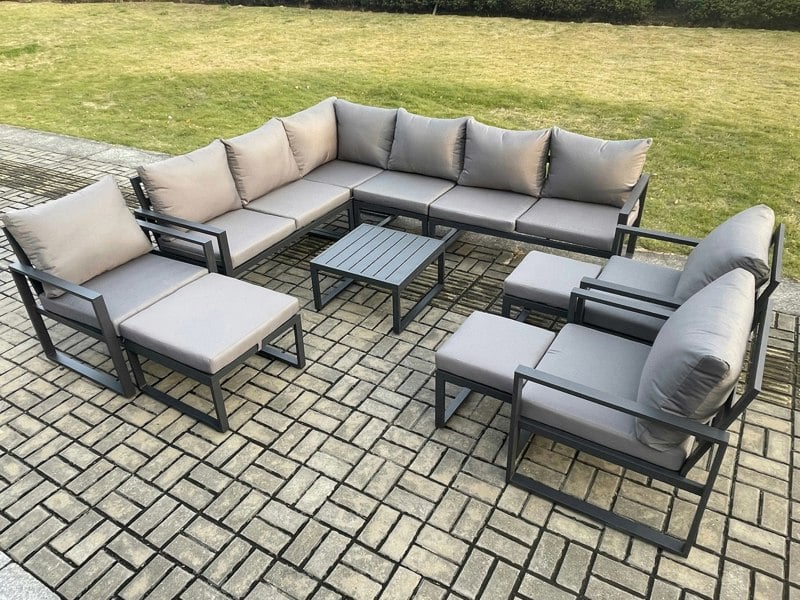 Fimous 12 Seater Outdoor Lounge Corner Sofa Set Aluminium Garden Furniture Sets with Square Coffee Table 3 Chairs 3 Footstools Dark Grey