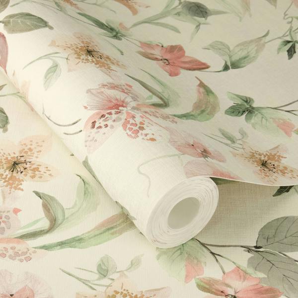 Rasch x Tesa Lumina Delicate Watercolour Floral Self Adhesive Peel and Stick Textured Wallpaper, Dusky Pink