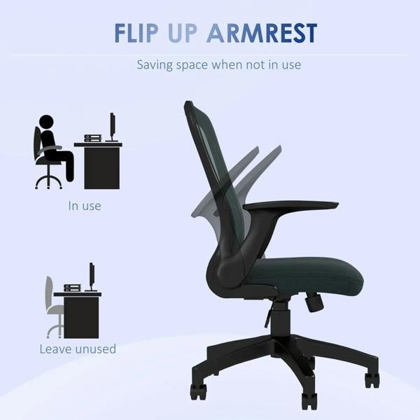 Grey office chair with flip-up armrests and padded seat, armrests shown raised