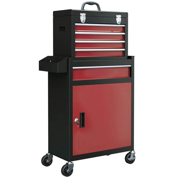 Two-part tool storage chest on wheels with red drawers and lockable red cabinet door