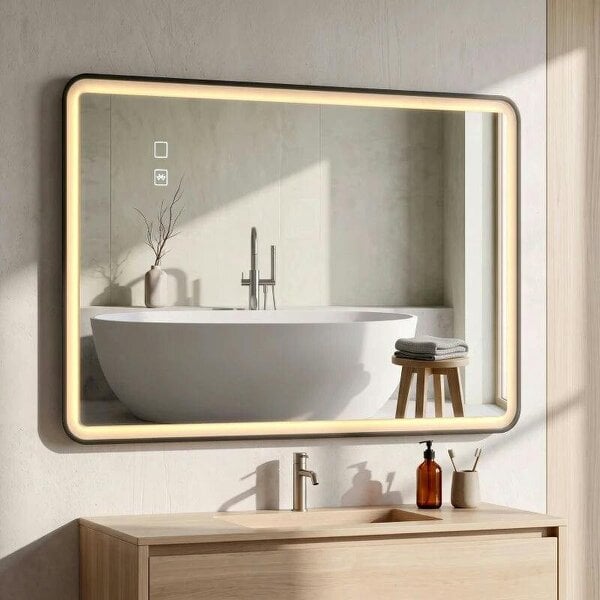 Bathroom Mirror with LED Lights, 100x70cm Rectangle Bathroom Mirror, Dimmable, Bluetooth, Anti-Fog, Black