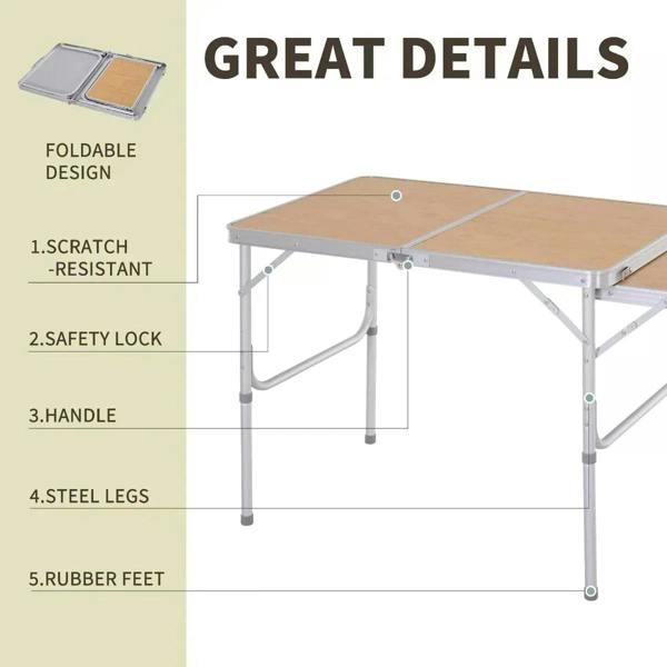 Folding picnic table with steel legs and fold-out safety latch detail