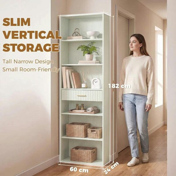 Bookcase Narrow Tall Space-Saving Bookshelf Drawer Open Shelves 60 x 24 x 182 cm Light Green