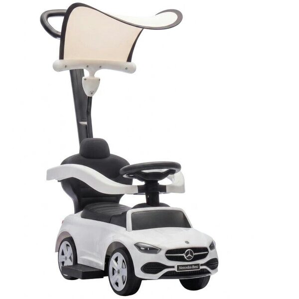 4 in 1 Licensed Benz Ride on Push Car with Handle, Canopy, Guardrails, Horn, Music, Storage for 12-36 Months, White