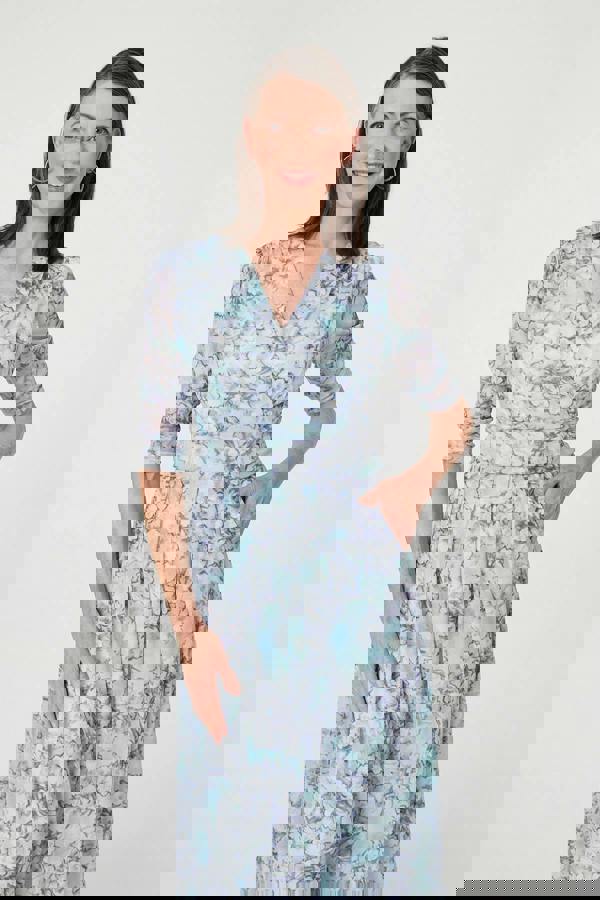 Blue | Printed Mesh Texture Midi Wrap Dress