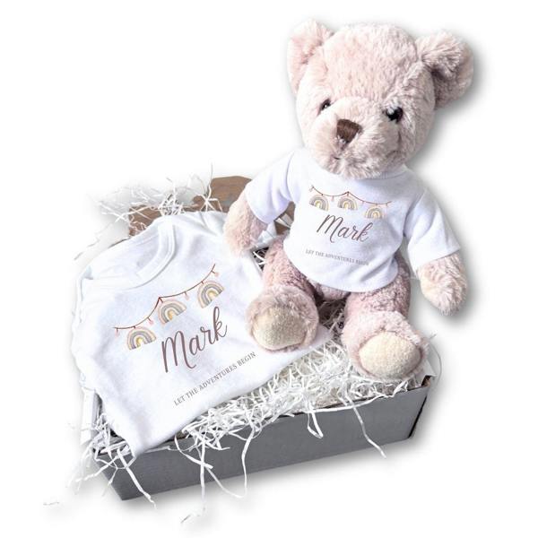 Personalised Rainbow Bunting Baby Gift Box - Teddy & Vest