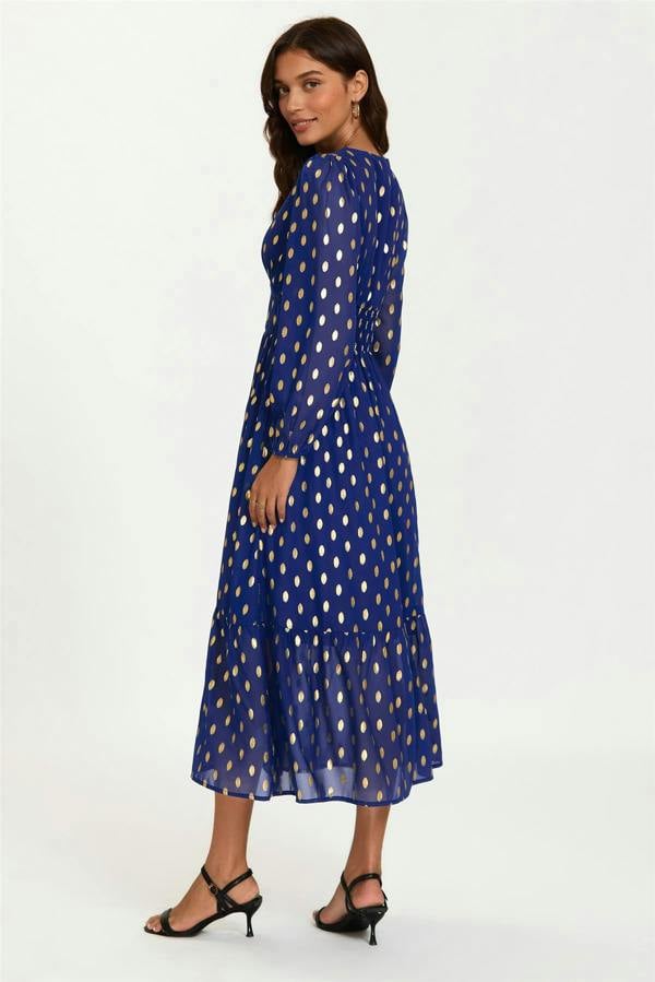 FS Collection Lace Trim Foil Long Sleeve Maxi Dress In Royal Blue