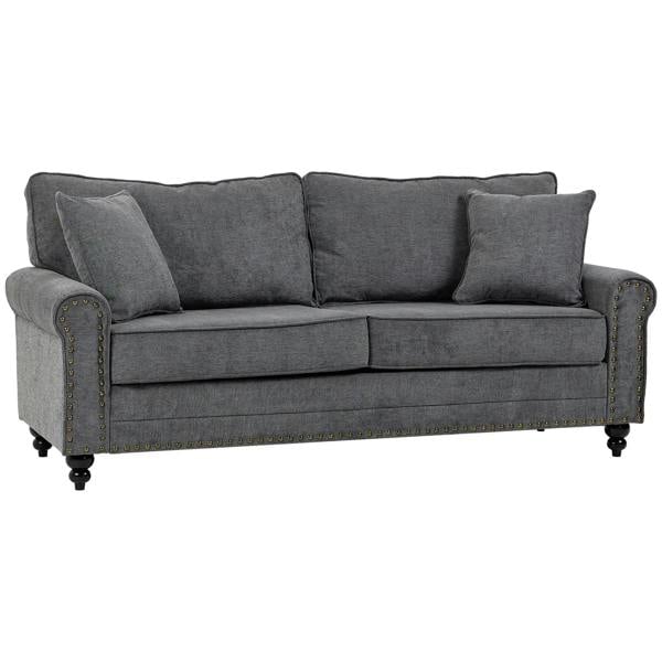 Grey fabric 3-seat sofa with nailhead trim, rolled arms, and two back cushions