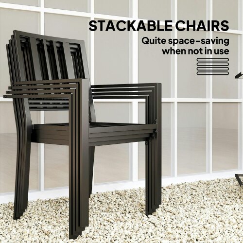Wyld Haus Nonilu Metal Black and Cream 4 Seater Garden Dining Set With Cushions Stackable Chairs and Parasol Hole