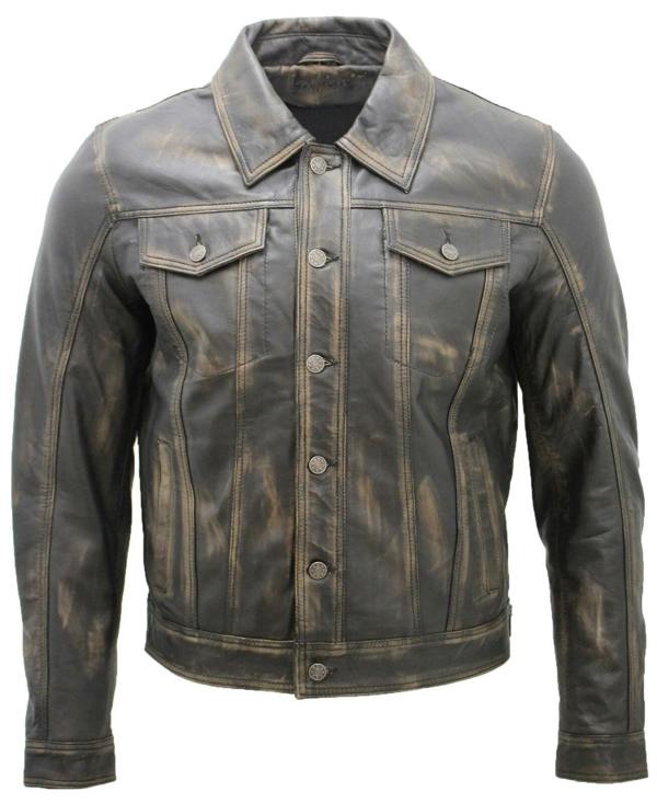 Infinity Leather Mens Trucker Slim Fit Leather Shirt Jeans Jacket