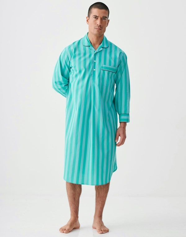 British Boxers Men's Crisp Cotton Nightshirt – New York Turquoise Stripe