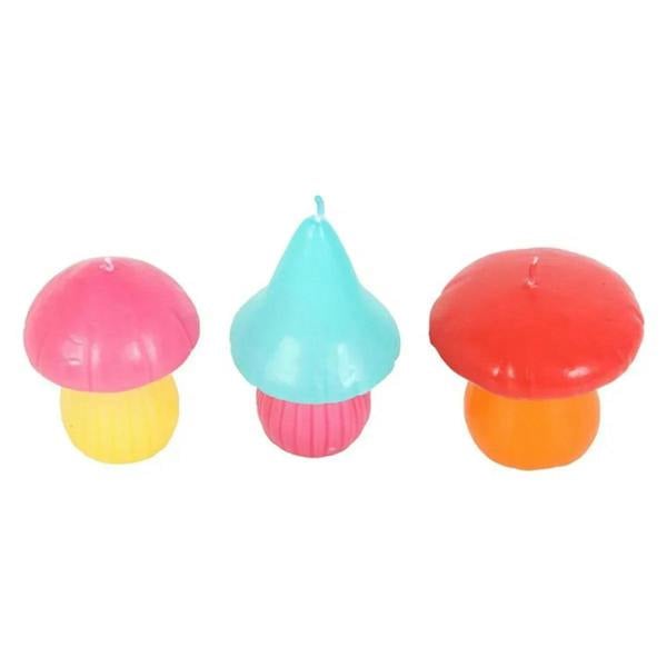 Set of 3 mushroom-shaped candles with pink, teal, and red caps and yellow/orange bases