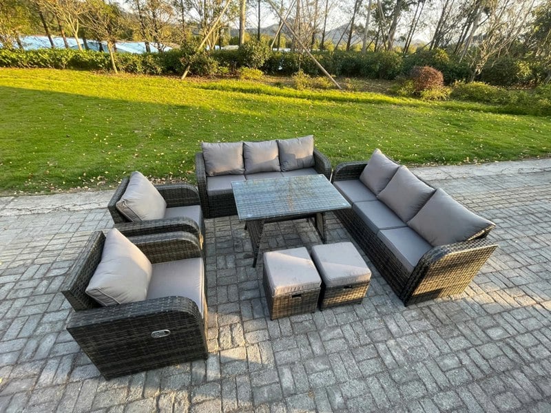Fimous 10-Seater Dark Grey Rattan Outdoor Sofa & Dining Set | Rectangular Dining Table, 3-Seater Sofa, 2 Footstools