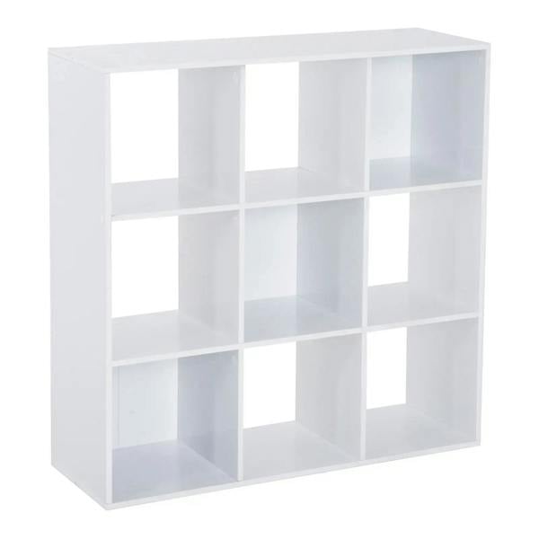 White nine-cube storage shelf with open cubby compartments and clean square frame.