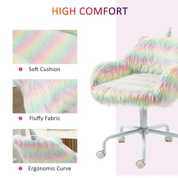 Rainbow fluffy unicorn-themed desk chair with plush seat and armrests