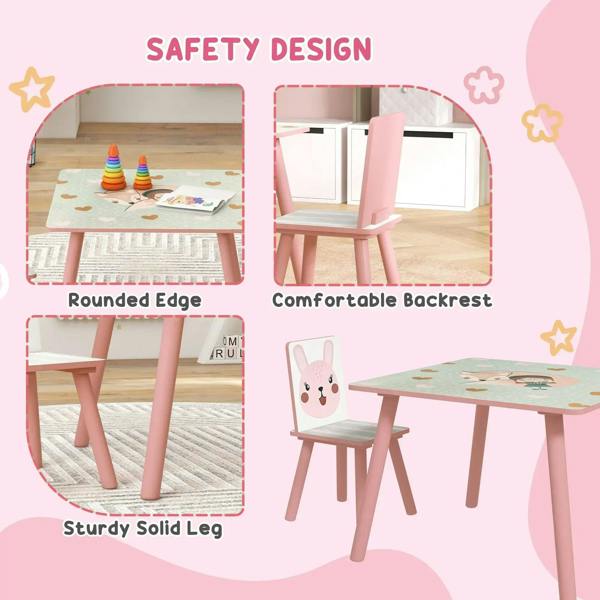 Pink kids desk set with two chairs featuring animal backrests and sturdy solid legs