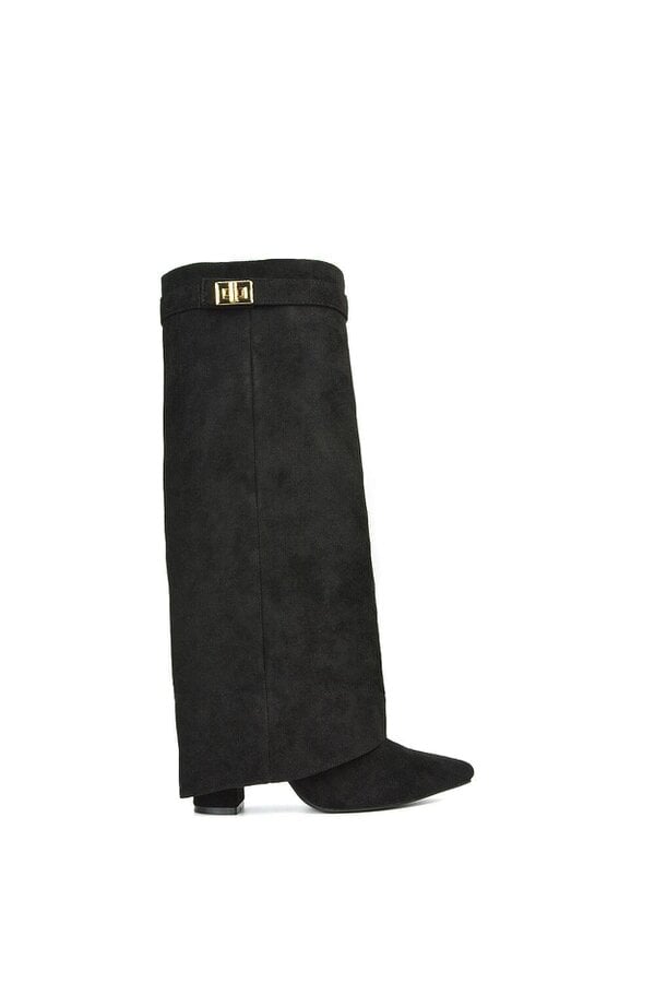 XY LONDON Block Heel Knee High Foldover Boots With Pointed Toe