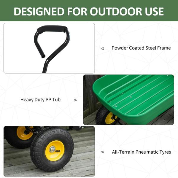 Green garden cart with black frame, heavy-duty tub, and four pneumatic tires