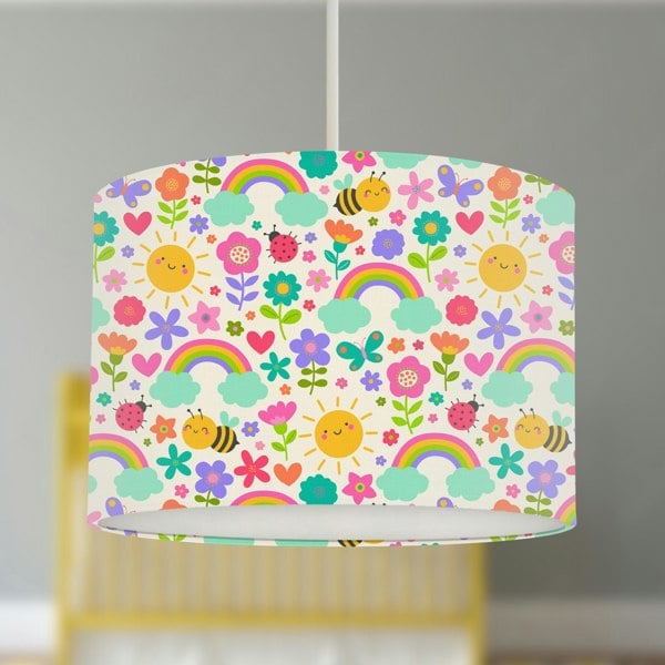 Colourful Rainbows Lampshade, Bees, Clouds, Flowers and Butterflies, Nursery Children's Bedroom, Drum Ceiling Lamp Light Shade