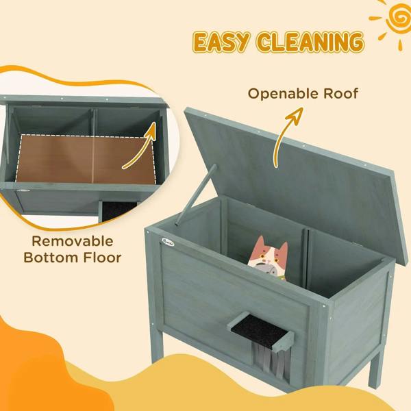 Insulated wooden cat house with openable roof and removable bottom floor panel