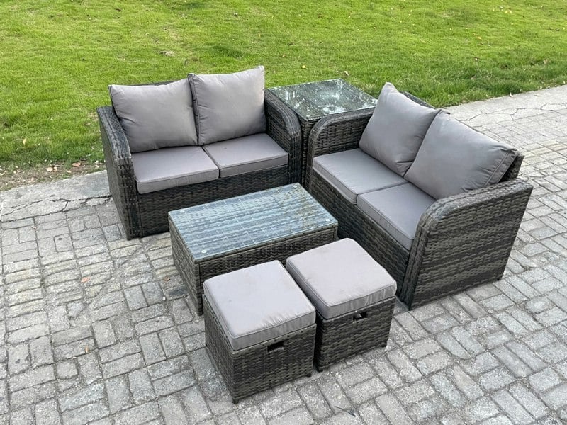 Fimous Outdoor Lounge Sofa Set Rattan Garden Furniture Set with Rectangular Coffee Table 2 Small Footstools Side Table Dark Grey Mixed
