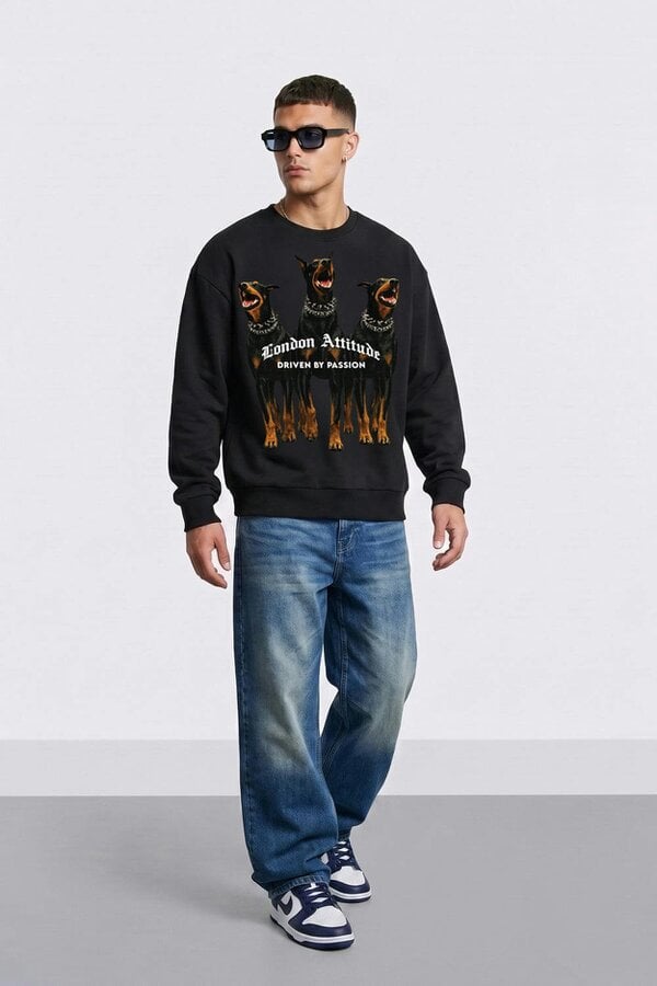 London Attitude Doberman Graphic Relaxed Oversized Fit Sweatshirt