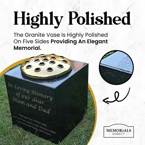 Memorials Direct Granite Memorial Vase - Solid Granite - Free Personalised Gold Engraving – Includes Metal Flower Pot Insert