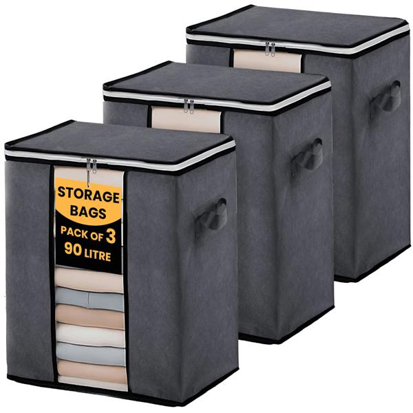 LKH HOME COLLECTION LKH Clothes 3 Pack Storage Bags 90L - Foldable Fabric Storage Boxes - Non-Woven with Handles & Zipper for Bedding & Wardrobe