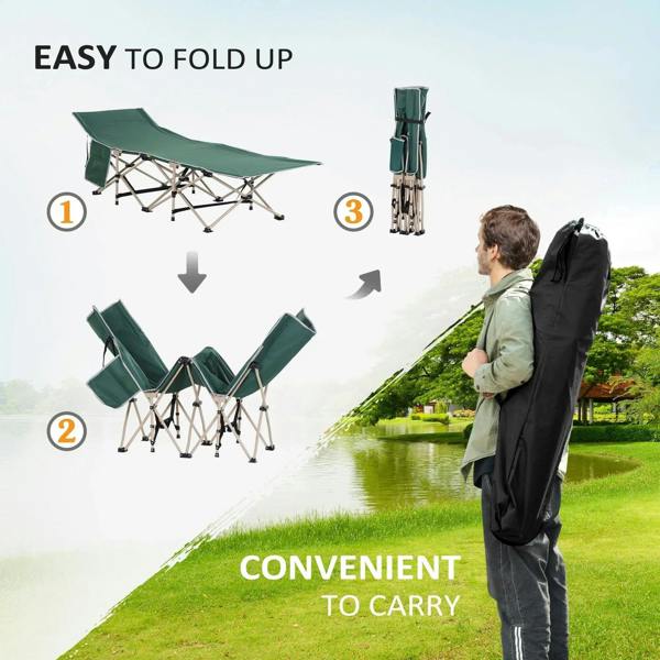 Green folding camping cot on steel legs, shown ready to carry