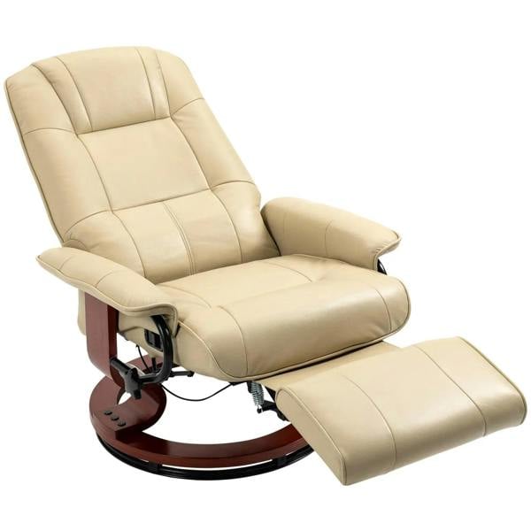 Cream white reclining swivel chair with footrest, padded armrests and tufted back