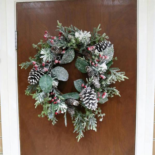 60cm Frosty Green Artificial Christmas Wreath with Snow Effect, Pinecones, Berries and Flowers image 5